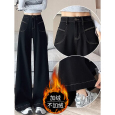 批发加绒加厚复古黑色阔腿牛仔裤<b class='q'>女</b>秋冬梨型身材高腰宽松显瘦直筒裤子