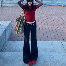 批发深蓝色低腰微喇牛仔裤女2025秋<b class='q'>冬</b>新款美式辣妹显瘦垂感阔腿拖裤子