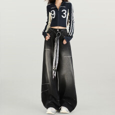 批发高腰黑色阔腿牛仔裤女设计感2025年秋季新款秋冬宽松拖地直筒裤子