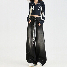 批发黑色阔腿牛仔裤女2025秋冬潮流新款设计感水洗做旧宽松拖地直筒裤