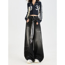 批发美式高街黑色阔腿牛仔<b class='q'>裤</b>女冬季新款<b class='q'>百搭</b>水洗做旧垂感直筒拖地<b class='q'>裤</b>子