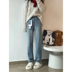 批发浅蓝高腰阔腿牛仔裤女2025秋冬<b class='q'>新款</b>宽松显瘦垂感加绒直筒拖地裤子