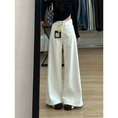 批发白色高腰阔腿牛仔<b class='q'>裤</b>女冬季2025潮流新款宽松显瘦慵懒松弛感拖地<b class='q'>裤</b>