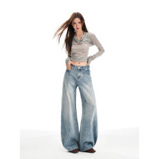 批发高个子加长高腰复古蓝色阔腿牛仔裤女美式显瘦宽松垂感拖地长裤子