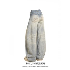 批发美式复古辣妹浅蓝色阔腿牛仔裤子女款2026春季新款宽松拖地弯刀裤