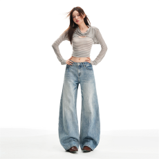 批发美式复古水洗弯刀<b class='q'>阔腿裤</b>女潮流新款设计感百搭宽松显瘦阔腿牛仔<b class='q'>裤</b>