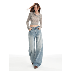 批发2025冬新款美式复古蓝阔腿牛仔裤<b class='q'>女</b>宽松休闲松弛感垂感百搭拖地裤