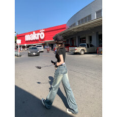 批发美式洗水做旧蓝<b class='q'>牛仔裤</b><b class='q'>女</b>直筒显瘦冬季高街低腰宽松阔腿加长拖地裤