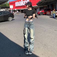 批发美式复古窄版直筒做旧<b class='q'>牛仔裤</b><b class='q'>女</b>2025冬季新款低腰显瘦百搭休闲裤子