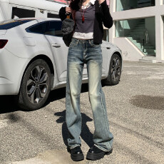批发美式复古直筒<b class='q'>牛仔裤</b><b class='q'>女</b>新款水洗做旧辣妹宽松显瘦垂感窄版拖地长裤