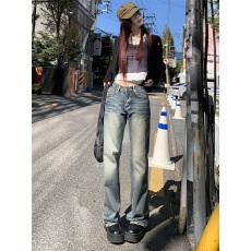 批发复古蓝美式窄版阔腿裤子2025年秋冬新款高腰宽松直筒<b class='q'>牛仔裤</b><b class='q'>女</b>