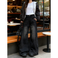 批发黑灰阔腿牛仔裤女秋冬季宽松显示<b class='q'>大码</b>胖mm显瘦梨形身材直筒<b class='q'>长裤</b>