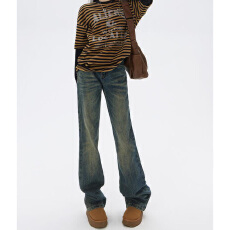 批发美式高街vibe风微喇牛仔<b class='q'>裤</b>女复古水洗做旧低腰直筒宽松显瘦阔腿<b class='q'>裤</b>