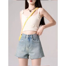 批发小个子a字<b class='q'>高腰</b><b class='q'>牛仔</b><b class='q'>短裤</b>女夏季薄款辣妹显瘦百搭遮肉宽松阔腿热裤