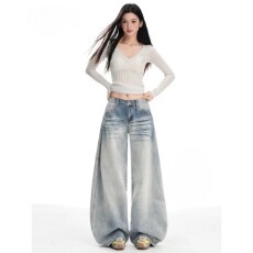 批发美式低腰阔腿牛仔裤女<b class='q'>秋冬</b>新款梨形宽松显瘦设计感百搭弯刀裤