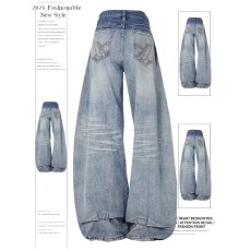 批发美式复古辣妹弯刀牛仔裤女春<b class='q'>秋冬</b>新款设计感宽松显瘦垂感阔腿裤子