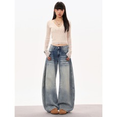 批发高个子美式复古辣妹低腰阔腿牛仔裤女冬季新款高街宽松拖地弯刀裤