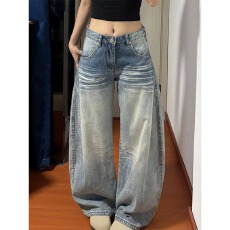 批发小个子阔腿牛仔裤女冬季潮流新款低腰宽松粗腿显瘦藏肉直筒拖地裤