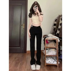 批发黑色高腰直筒牛仔裤女2025年秋<b class='q'>冬</b>加绒修身小个子烟管堆堆窄版裤子