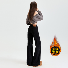 批发黑色低腰微喇牛仔裤女秋<b class='q'>冬</b>加绒小个子宽松阔腿不贴腿马蹄喇叭裤子