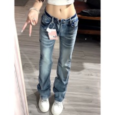 批发美式高街毛须低腰微喇牛仔裤女<b class='q'>春秋</b>2026设计感弹力窄版直筒裤夏季
