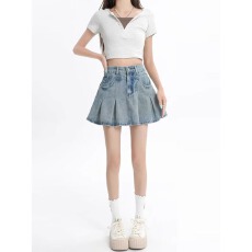批发浅色牛仔短裙女a字<b class='q'>半身裙</b>大码胖mm小个子春季薄款高腰显瘦<b class='q'>百褶裙</b>