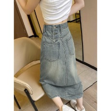 批发复古<b class='q'>牛仔</b>半身裙女2026新款大码胖mm高腰显瘦中长款开叉包臀a字裙