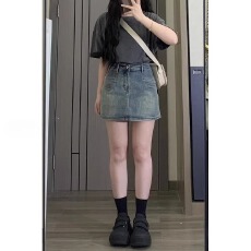 批发复古蓝牛仔短裙<b class='q'>女</b>夏季<b class='q'>大码</b>高腰显瘦胖mm遮肚子小个子a字半身裙子