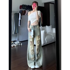 美式街头复古破洞阔腿牛仔裤女夏季新款低腰显瘦小个子微喇拖地裤