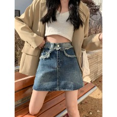 批发复古毛边<b class='q'>牛仔</b>短裙女夏季高腰大码胖MM小个子百搭A字包臀半身裙子