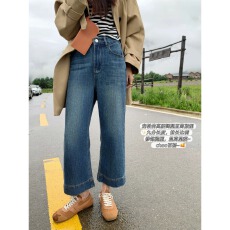 批发复古蓝色高腰直筒牛仔裤女夏新款小个子显瘦宽松阔腿<b class='q'>九分裤</b>子