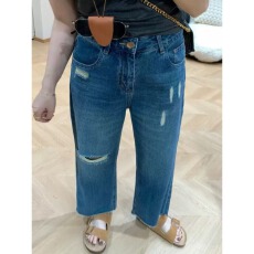 批发大码女装新款韩版破洞直筒牛仔裤夏季胖mm高腰显瘦九分阔腿裤子潮