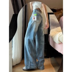 批发小个子美式高街牛仔裤子春夏辣妹风复古直筒阔腿裤百搭窄版拖地裤