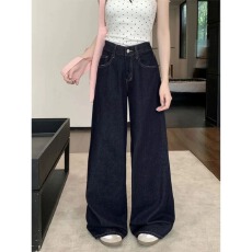 批发深蓝色美式宽松阔腿牛仔裤女小个子<b class='q'>高腰</b>显瘦垂感休闲拖地直筒裤