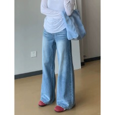 批发折痕水洗宽松阔腿牛仔裤女小个子夏季新款美式<b class='q'>高腰</b>显瘦直筒拖地裤