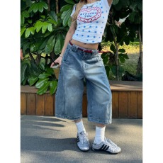 批发美式复古水洗弯刀牛仔短<b class='q'>裤</b>女夏季高街显瘦设计宽松直筒阔腿七<b class='q'>分</b><b class='q'>裤</b>