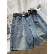批发梨形身材破洞<b class='q'>牛仔</b><b class='q'>短裤</b><b class='q'>女</b>夏季薄款大码胖mm高腰遮胯a字阔腿五分裤
