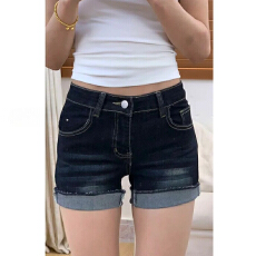 批发深蓝色牛仔短裤女夏季薄款大码胖mm显瘦梨形身材弹力<b class='q'>高腰</b>a字<b class='q'>热裤</b>