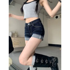 批发美式辣妹<b class='q'>高腰</b>性感超短裤<b class='q'>热裤</b>牛仔裤女夏季深蓝色设计感卷边短裤子