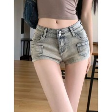 批发美式辣妹浅色牛仔超短裤女夏小个子低腰直筒性感紧身弹力包臀<b class='q'>热裤</b>