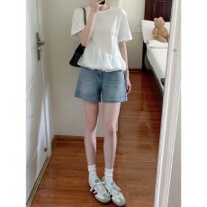 批发复古蓝牛仔短裤女夏季新款梨型身材胖mm显瘦大码小个子a字<b class='q'>热裤</b>子