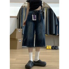 批发深蓝阔腿七分牛仔裤<b class='q'>女</b>夏季2026新款小个子显瘦宽松设计感直筒中裤