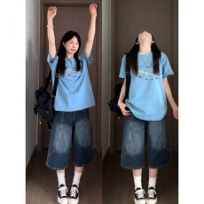 批发美式高街分割线条七分牛仔短裤<b class='q'>女</b>夏季薄款小个子宽松阔腿裤子中裤