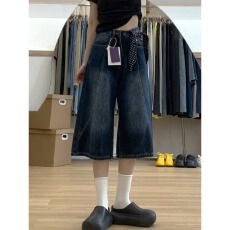 批发深蓝色复古阔腿七分牛仔裤<b class='q'>女</b>夏季新款大码胖mm高腰宽松显瘦直筒裤