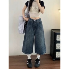 批发美式复古阔腿牛仔<b class='q'>七分裤</b><b class='q'>女</b>夏季新款大码胖mm宽松显瘦中裤直筒裤子