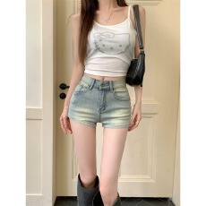 批发美式蓝色复古牛仔裤女夏薄款小个子辣妹紧身包臀裤高腰a字热<b class='q'>短裤</b>