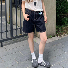批发深蓝色牛仔<b class='q'>短裤</b>女夏季薄款胖mm显瘦小个子大码梨型身材a字热裤子