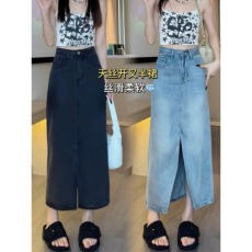 批发春夏大码胖mm开叉天丝牛仔<b class='q'>半身裙</b>女冰丝宽松垂感显瘦a字中长裙潮
