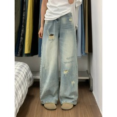 批发小个子浅色水洗做旧破洞阔腿<b class='q'>牛仔裤</b>女高腰通勤<b class='q'>休闲</b>百搭拖地裤子