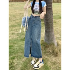 批发复古牛仔<b class='q'>半身裙</b>女夏季2026新款高腰宽松显瘦a字开叉直筒包臀半裙